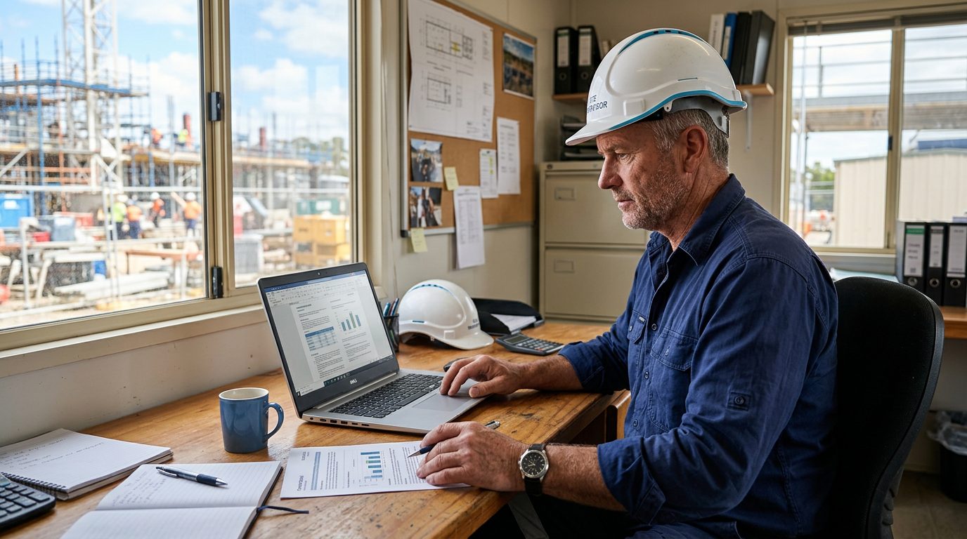 Construction business owner reviewing a tender proposal on a laptop in an office